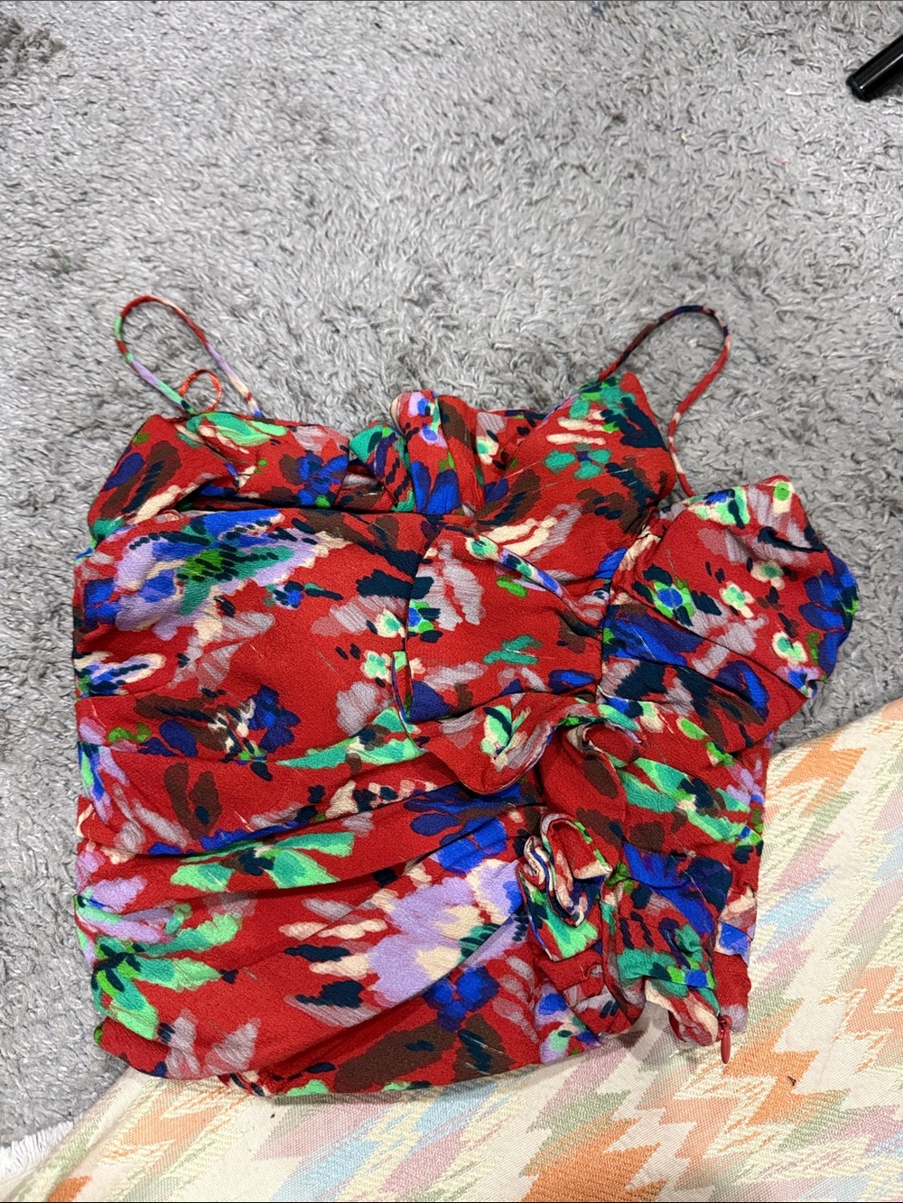 Zara Multicolor Floral Ruched Spaghetti-Strap Top cropped xsmall red blue - Picture 2 of 6